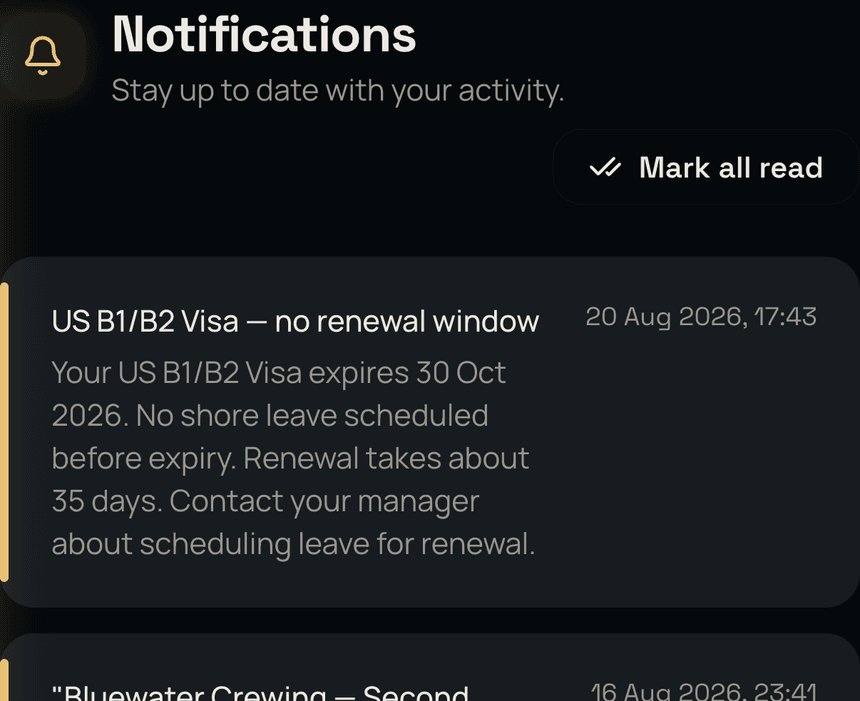 Alerts: a visa flagged because no shore leave falls before it expires, and a share pack reported as opened twice