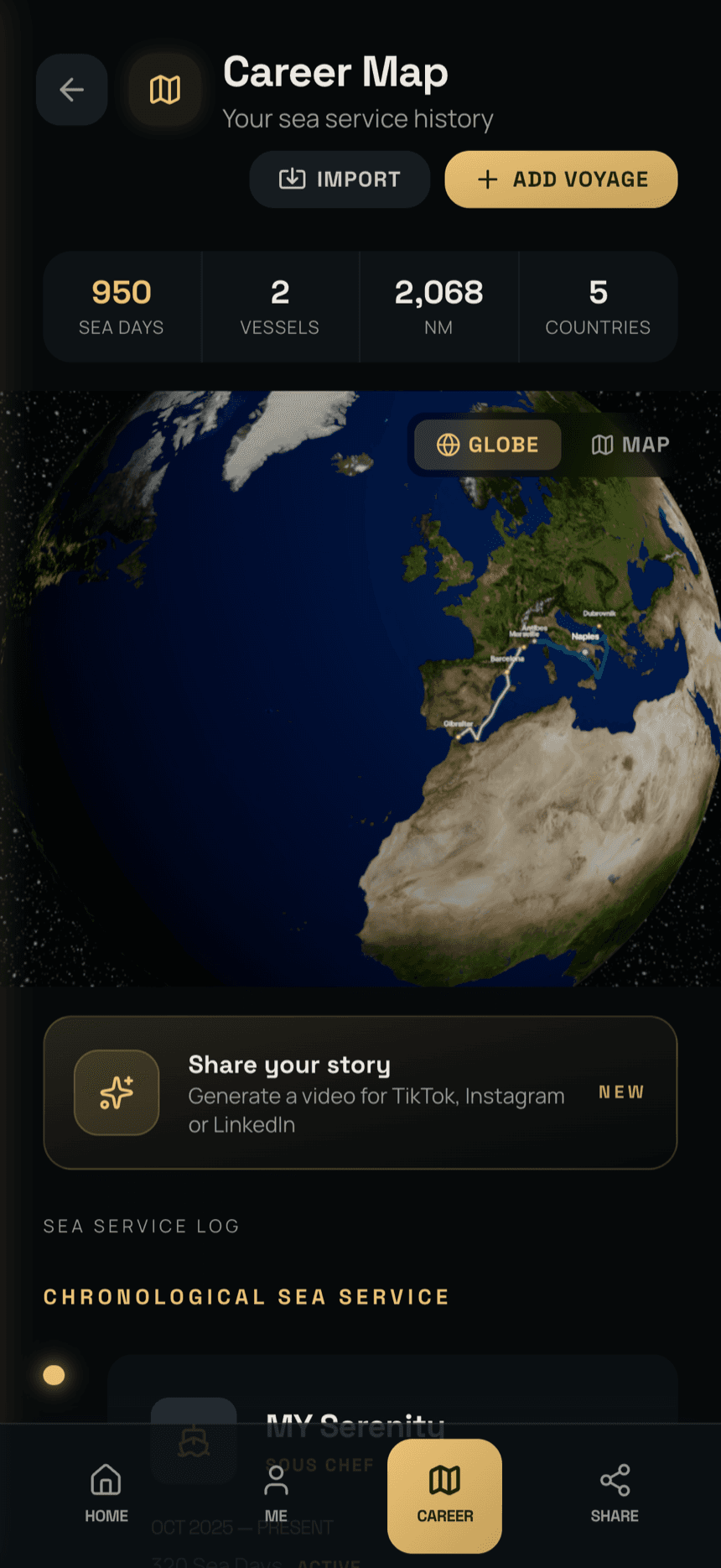 The career map as a globe: sea days, vessels, miles and countries above every voyage traced along the coast it was actually sailed