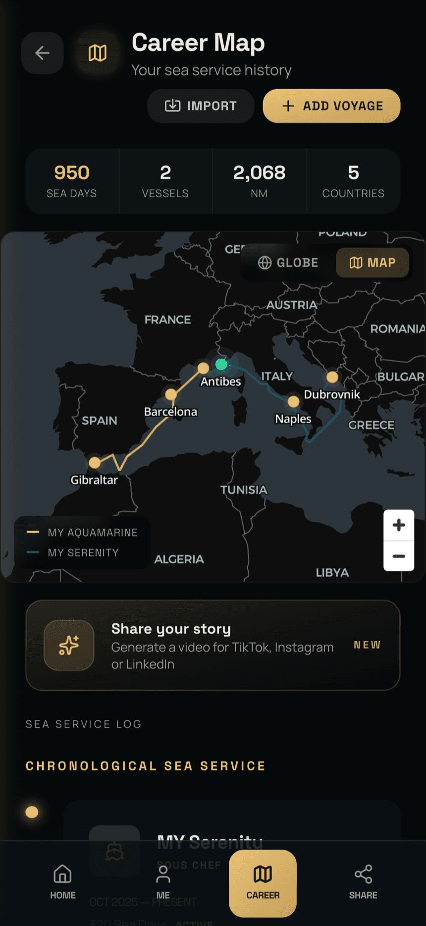 The career map in chart view: every port called at, named, joined by the routes actually sailed between them, one colour per vessel