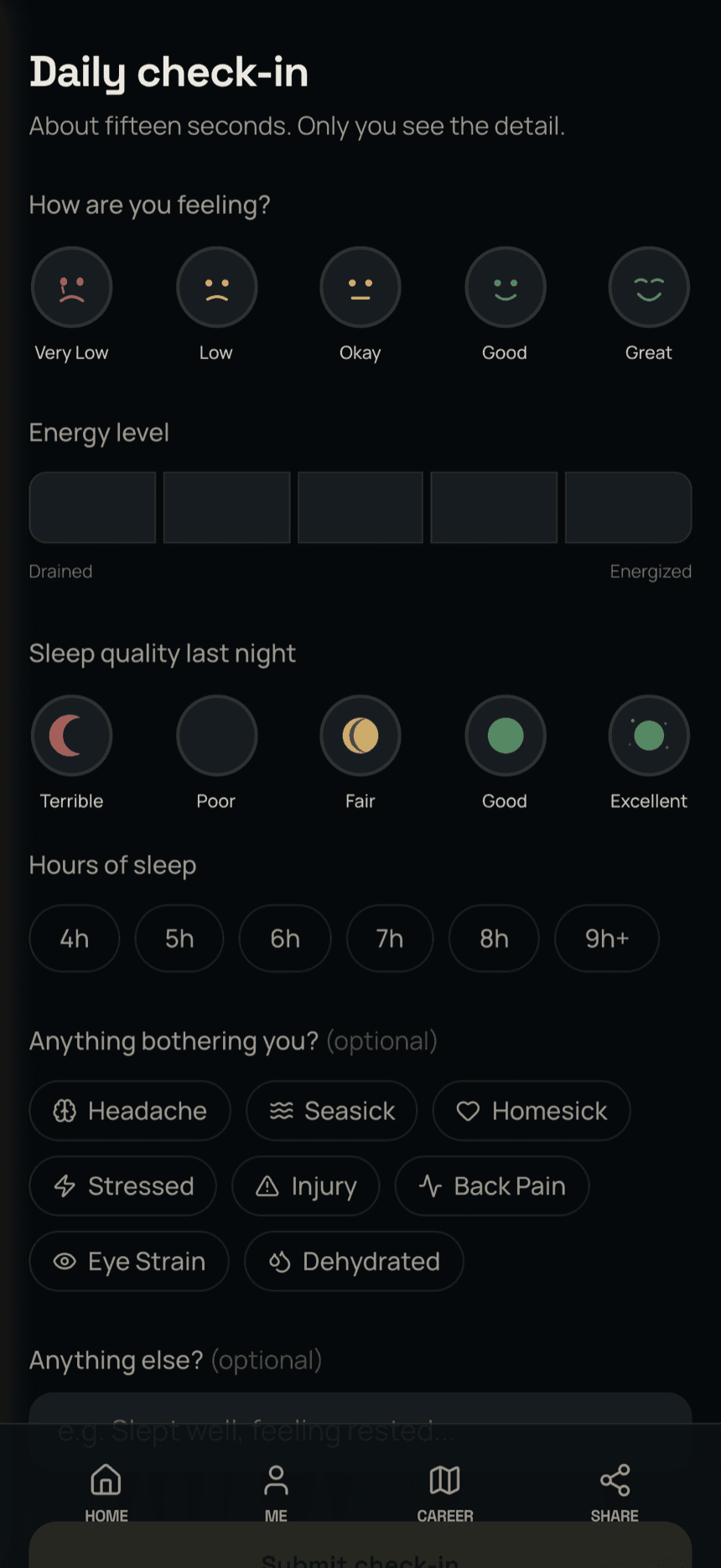 The daily check-in: how you are feeling, energy, sleep quality and hours, and anything that is bothering you