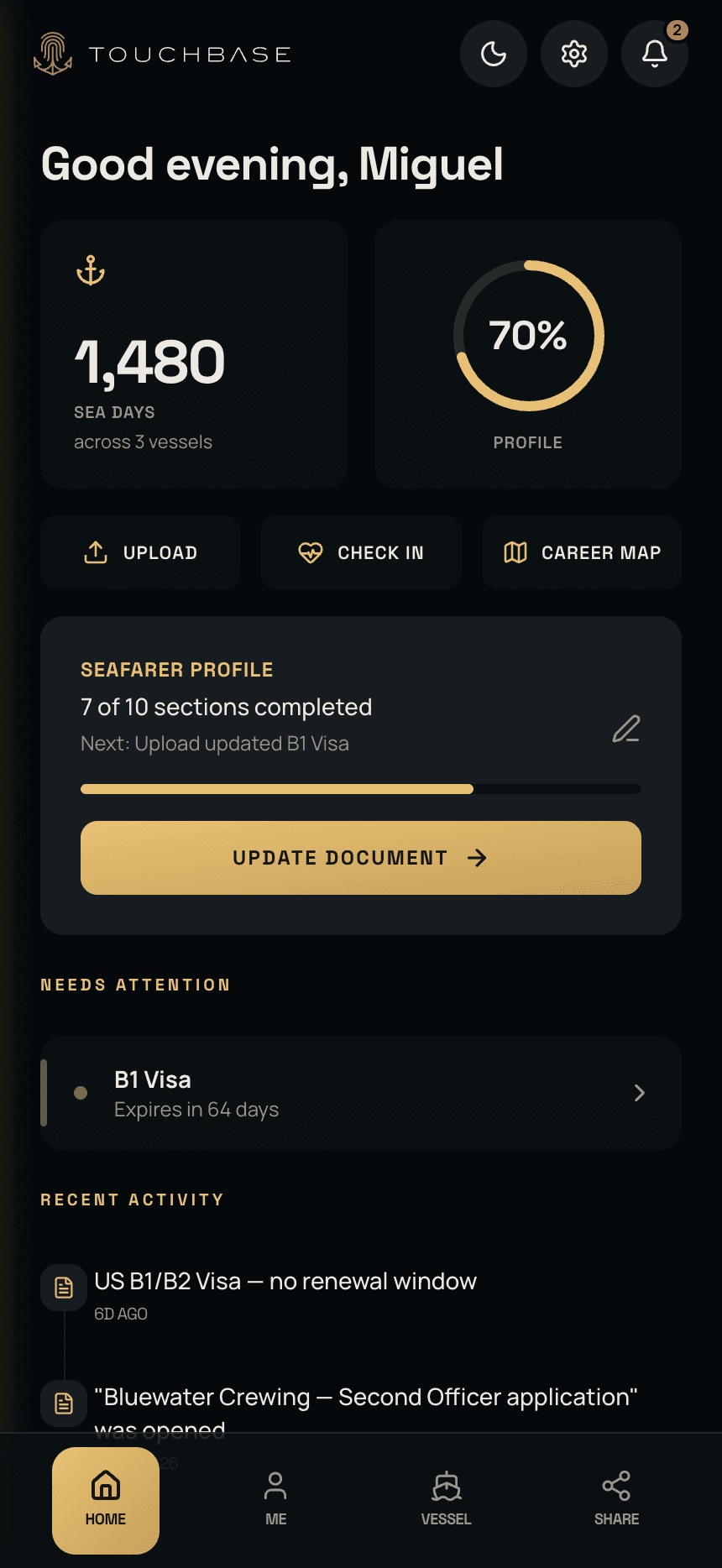 The TouchBase home screen: sea days across three vessels, profile completeness, and the document that needs attention next