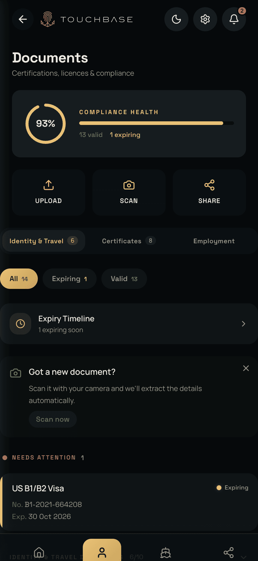The Documents screen: compliance health, upload, scan and share, and a prompt to scan a new document with the camera