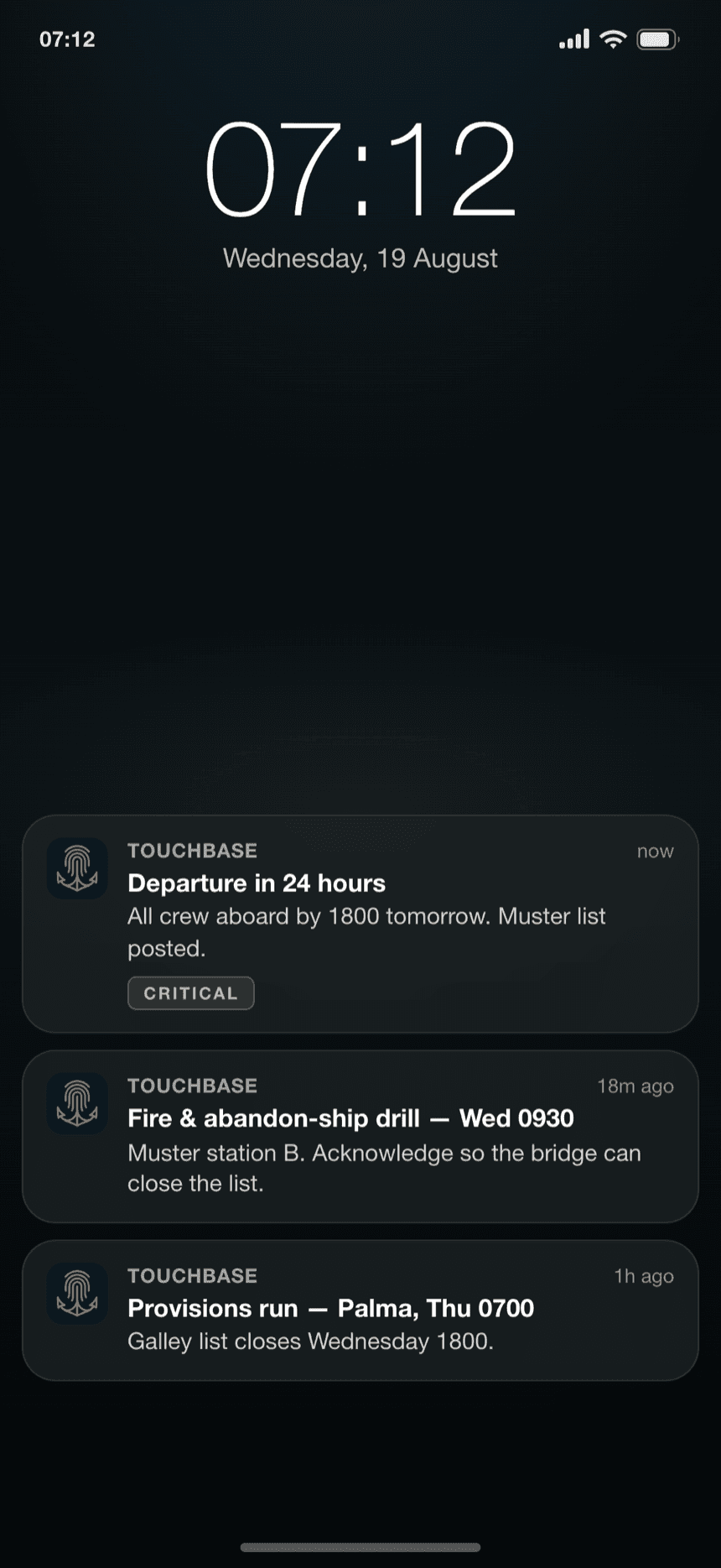 Vessel notices arriving on the phone's lock screen: a departure notice marked critical, a drill with a muster station, and a provisions run