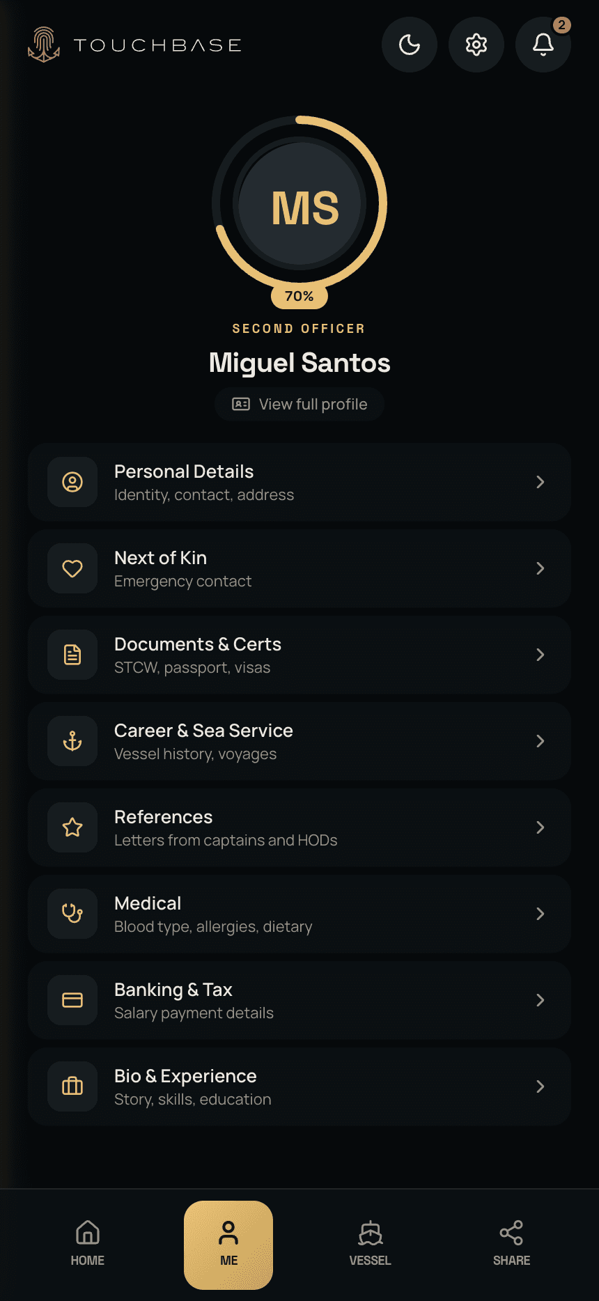 The profile screen: personal details, next of kin, documents and certificates, career and sea service, references, medical, banking and bio