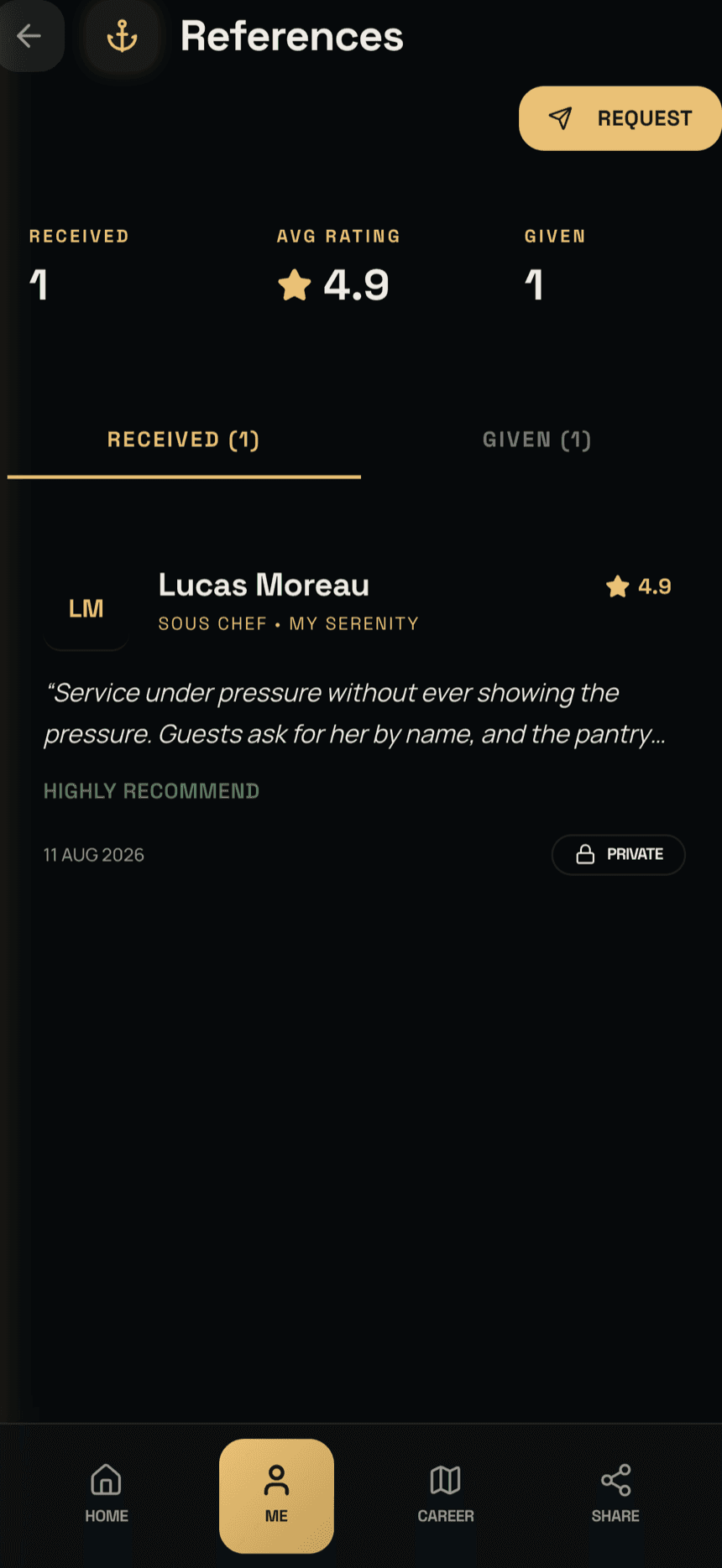 The references screen: references received and given, with a written reference from a shipmate