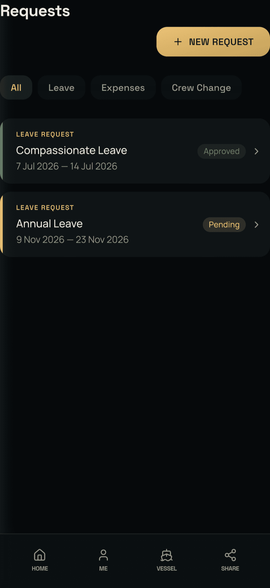 Requests: a compassionate leave request approved and an annual leave request pending, each with its dates