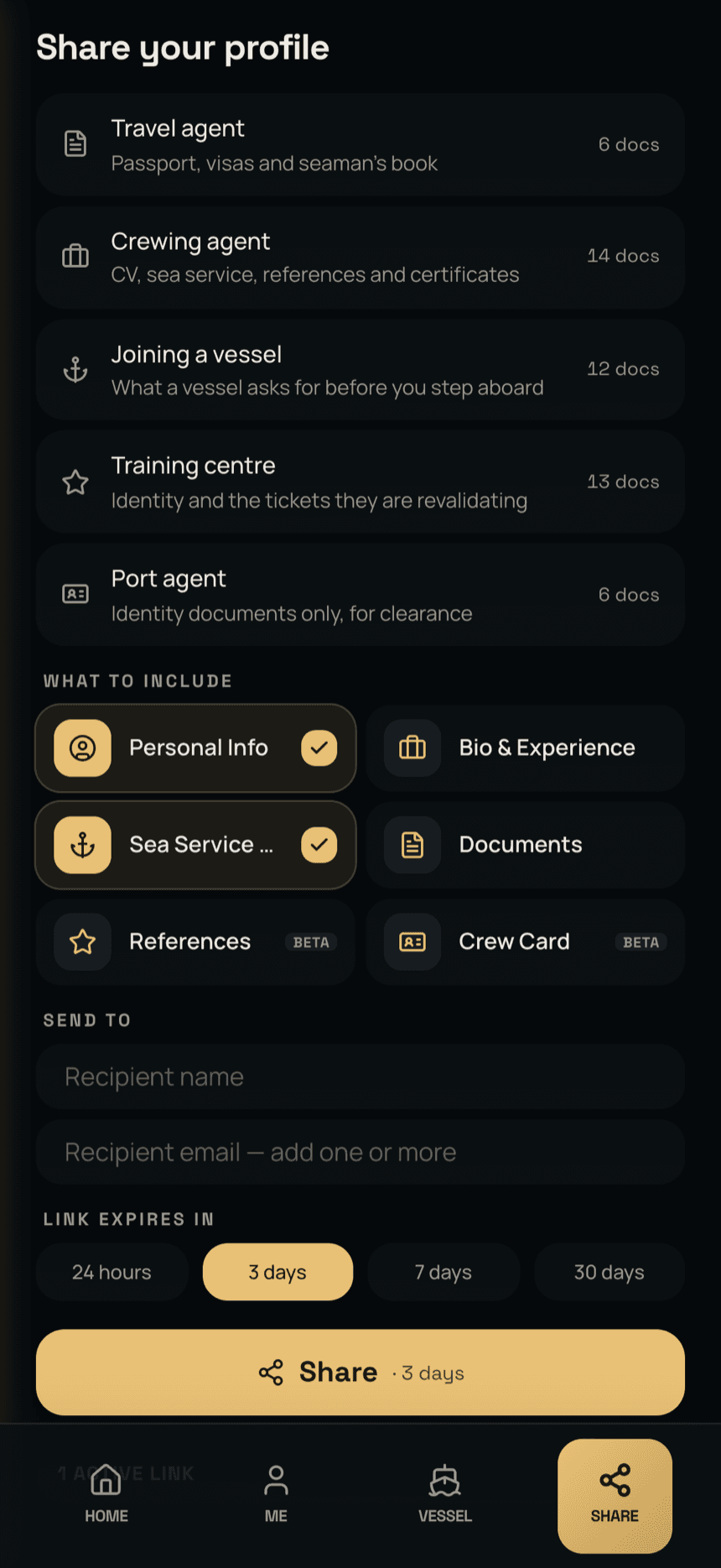 The share screen: ready-made lists per recipient, controls for what to include, and how long the link should live