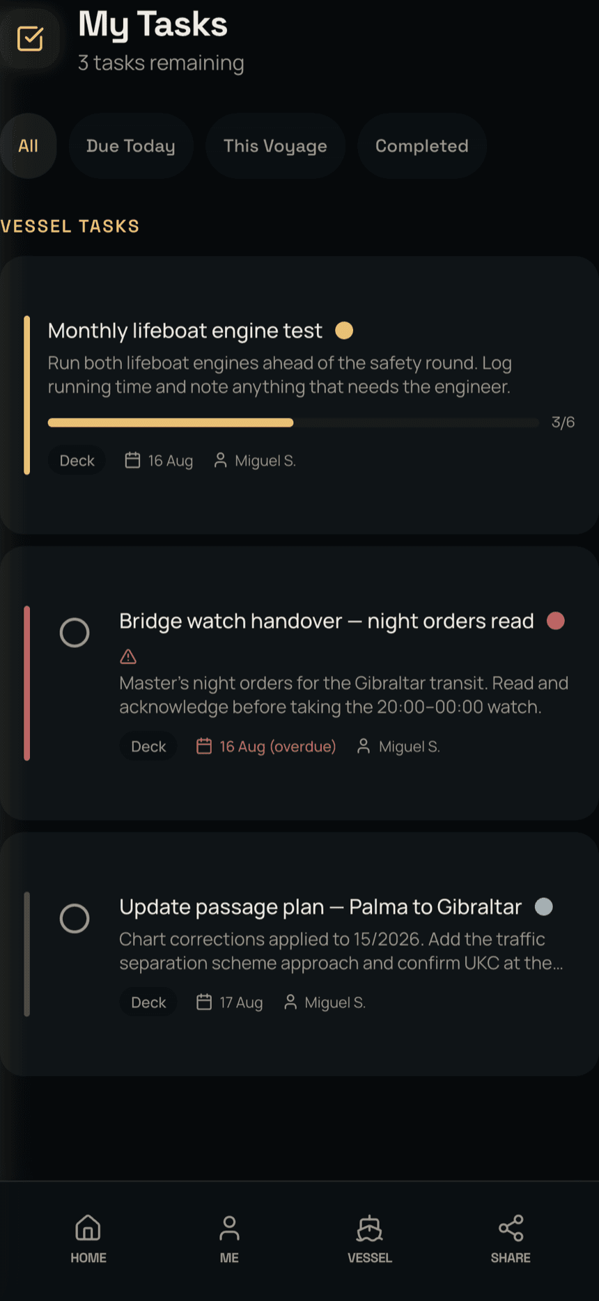 My Tasks: vessel tasks with their department, due date, progress and overdue state