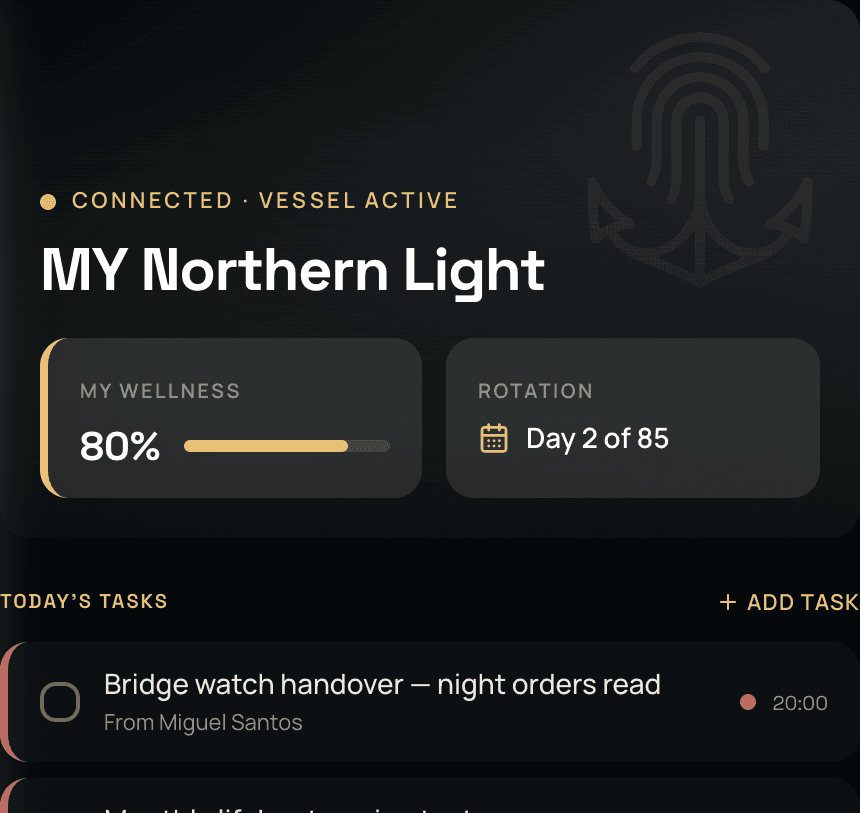 The vessel screen: connected to MY Northern Light, with your wellness, where you are in your rotation, and the first of today's tasks